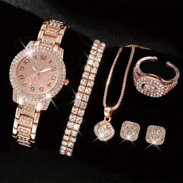 6PCS Women Watch Luxury Elegant Alloy Watch Crystal Wristwatch For Ladies Gift Quartz Watch Alloy Rhinestone Bracelet Montre - Image 2
