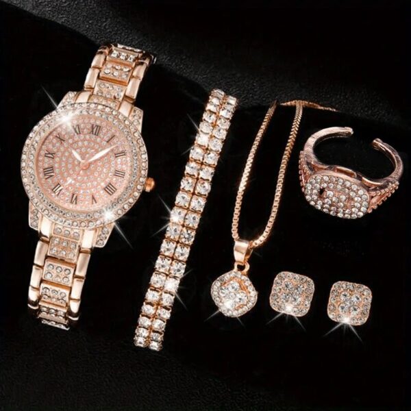 6PCS Women Watch Luxury Elegant Alloy Watch Crystal Wristwatch For Ladies Gift Quartz Watch Alloy Rhinestone Bracelet Montre - Image 3