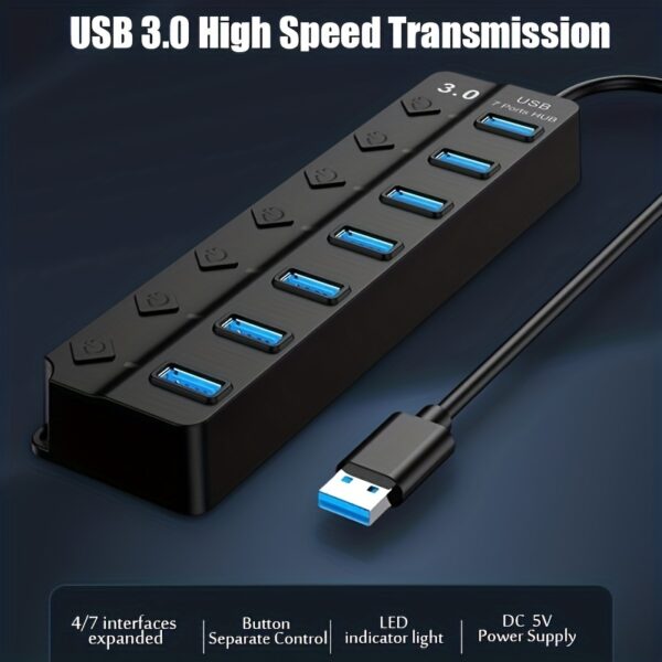 4/7-Port USB 3.0 Hub with LED Indicator Independent Switch Control for Laptop Flash Drive Hard Disk Printer Camera Keyboard - Image 6